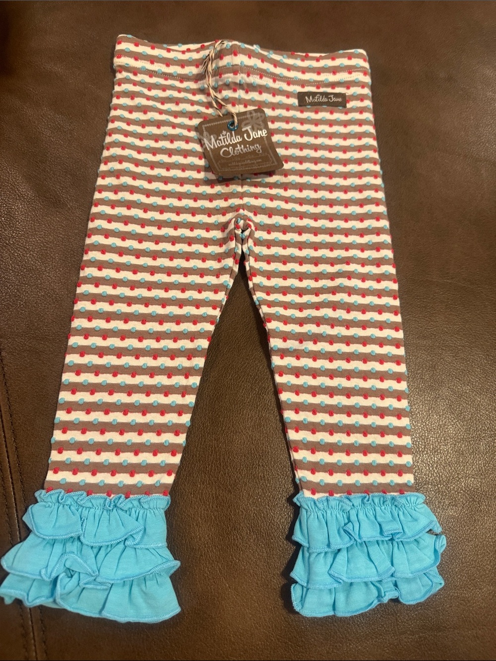 Matilda Jane Cream Stripe Leggings with Red & Blue Ruffle Hems